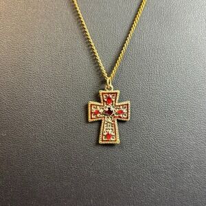 Cross Crucifix Pendant Delicate 16 inch Gold Tone Red Rhinestones